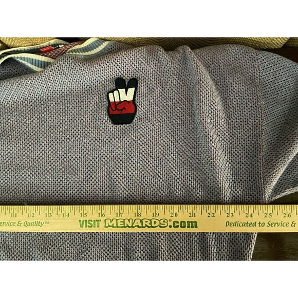 Tommy Jeans Brand Mesh-Stitch Sweater Purple W/Red Under Tones Big Peace Logo - Picture 4 of 6
